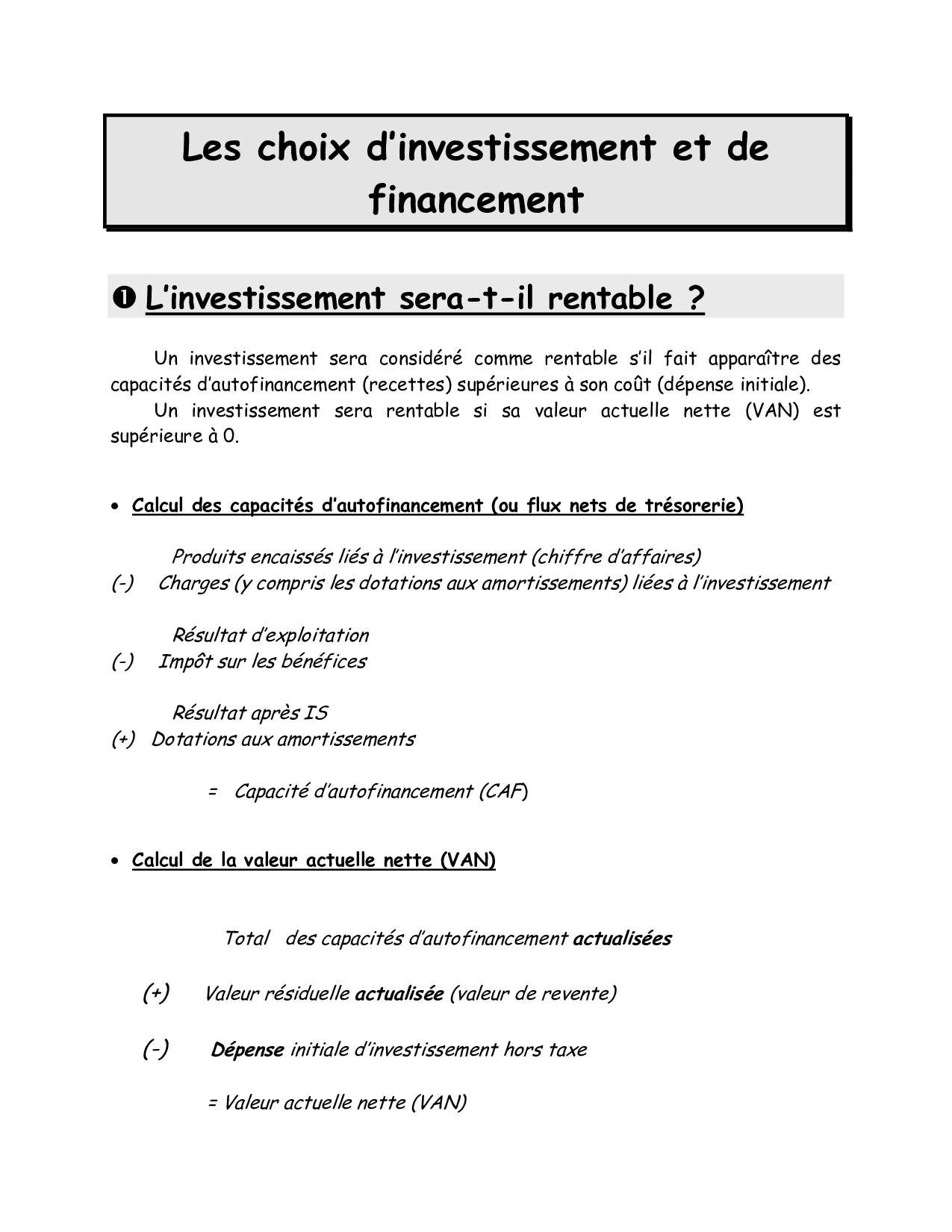 Les Choix Dinvestissement Et De Financement Alloschool 8850