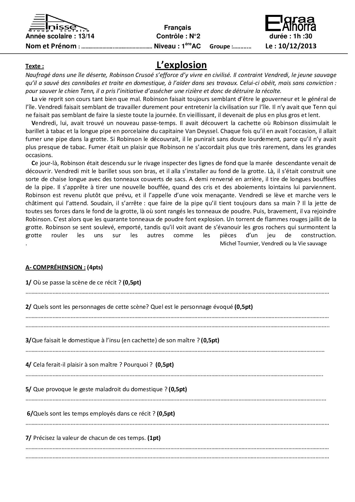 Devoir 1 Modèle 2 - Français 1ac Semestre 2 - Alloschool D5C