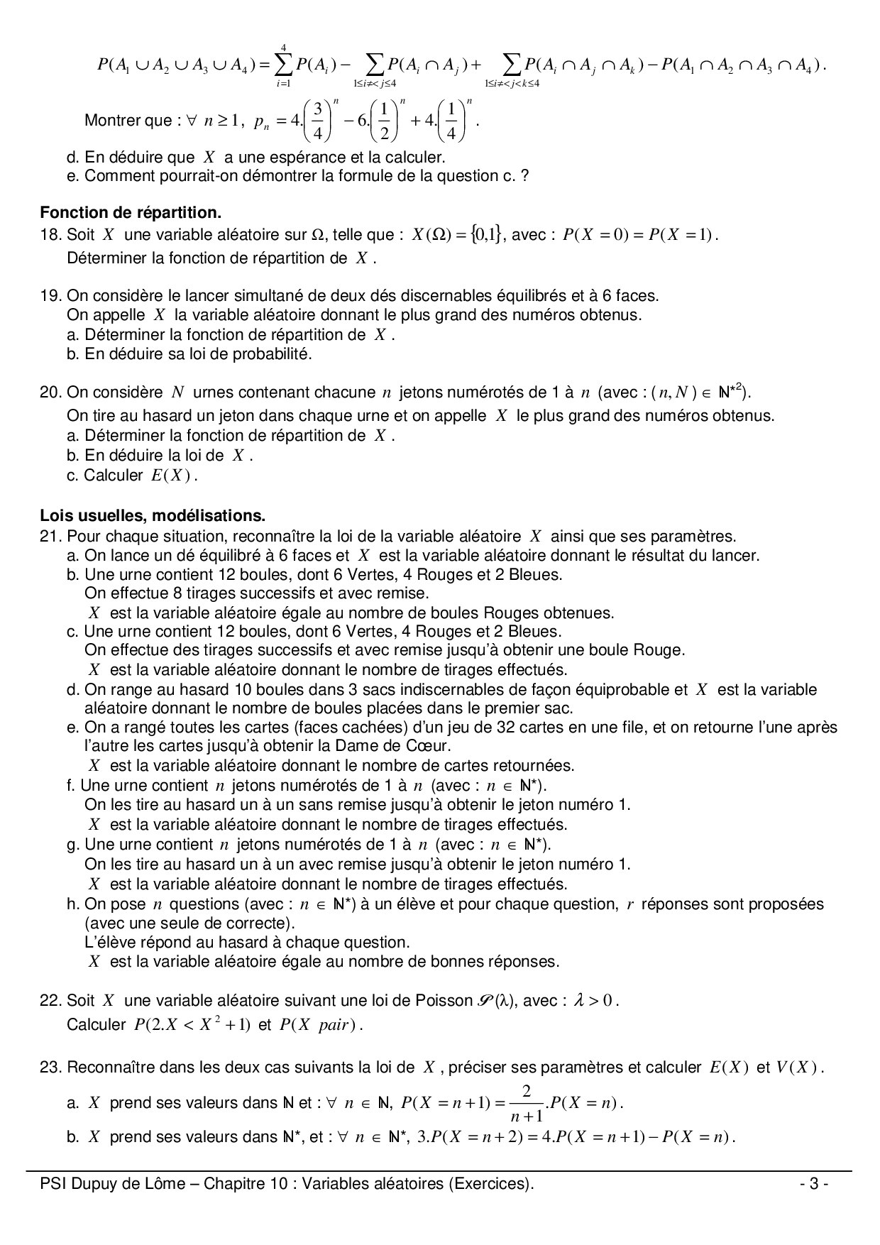 Variables Aléatoires - Exercices (3 Niveaux) - AlloSchool