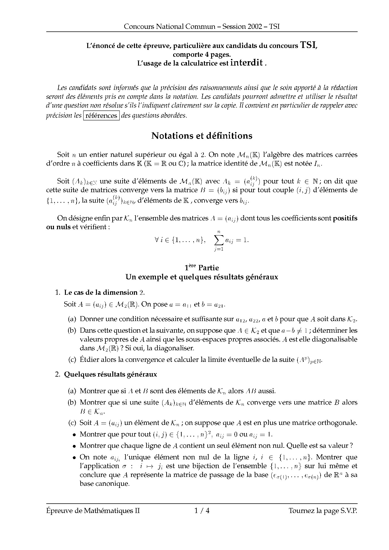 Cnc Tsi 2002 Maths 2 Epreuve Alloschool - 