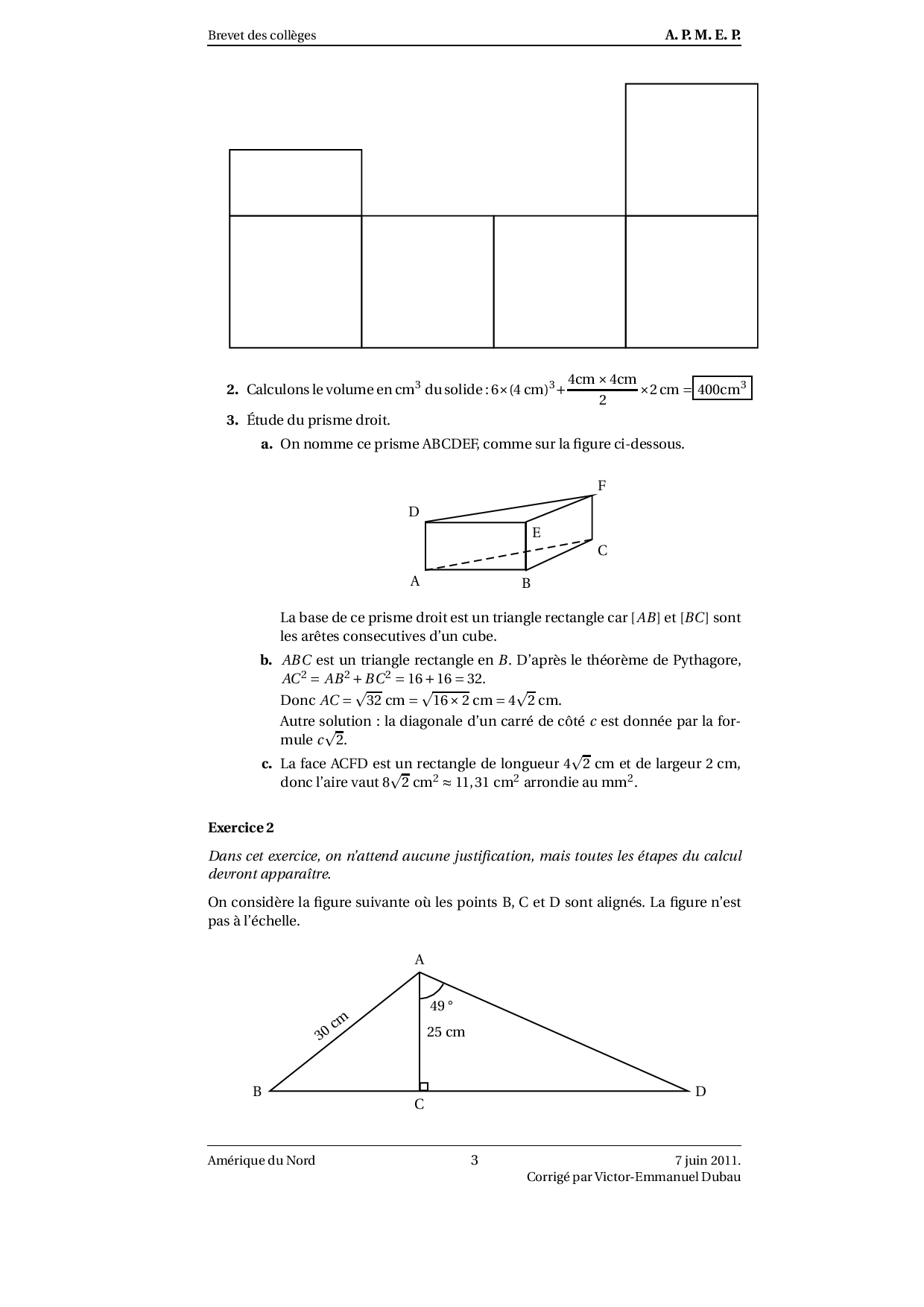 Brevet Maths Amérique du Nord juin 2011 Corrigé AlloSchool