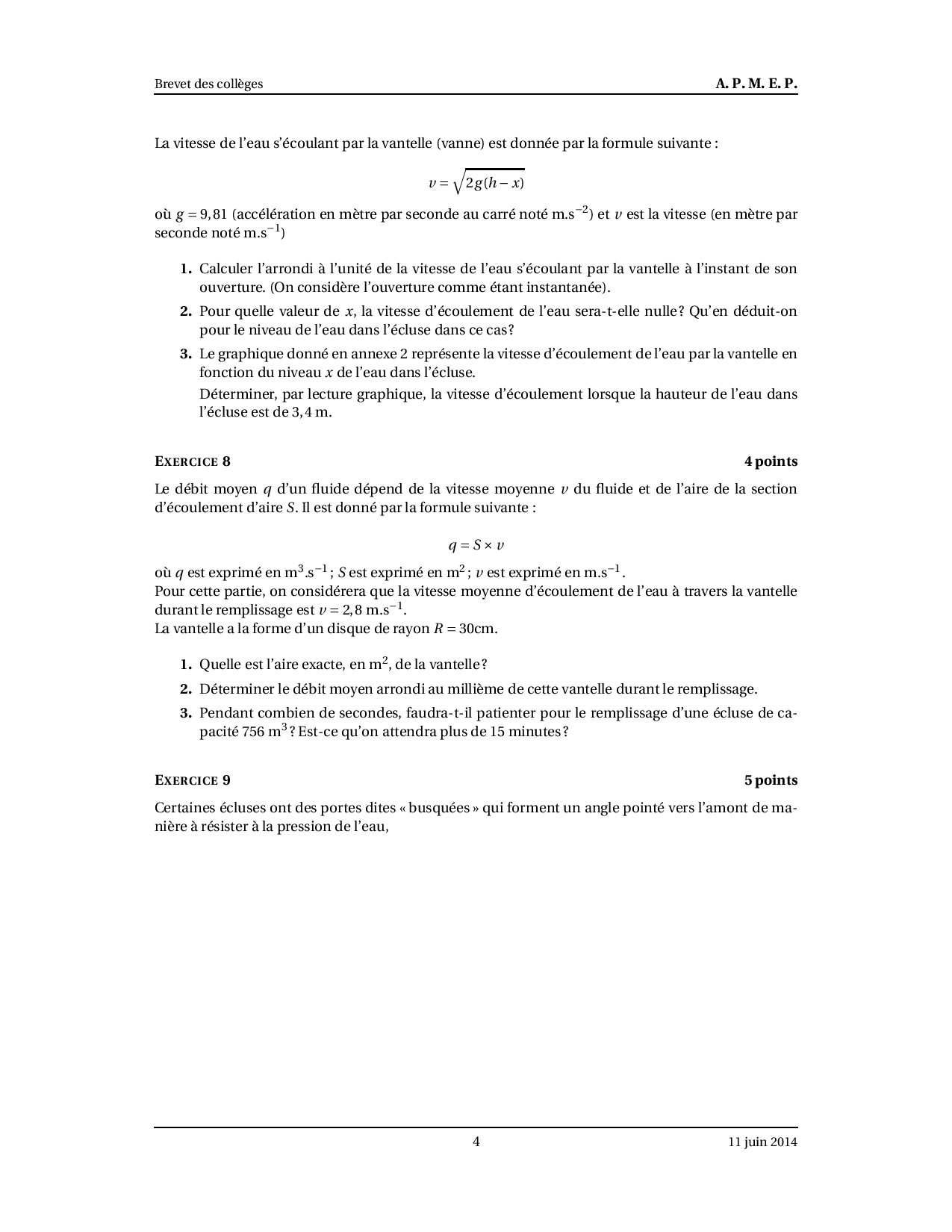 Brevet Maths Amérique du Nord juin 2014 Sujet AlloSchool