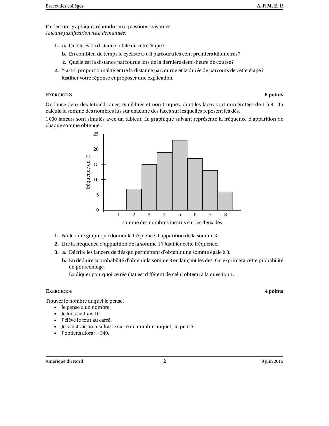 Brevet Maths Amérique du Nord juin 2015 Sujet AlloSchool