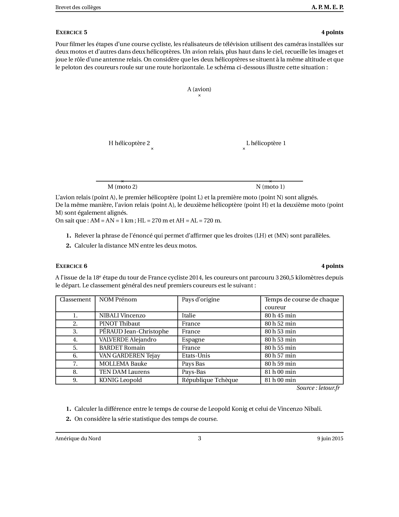 Brevet Maths Amérique du Nord juin 2015 Sujet AlloSchool