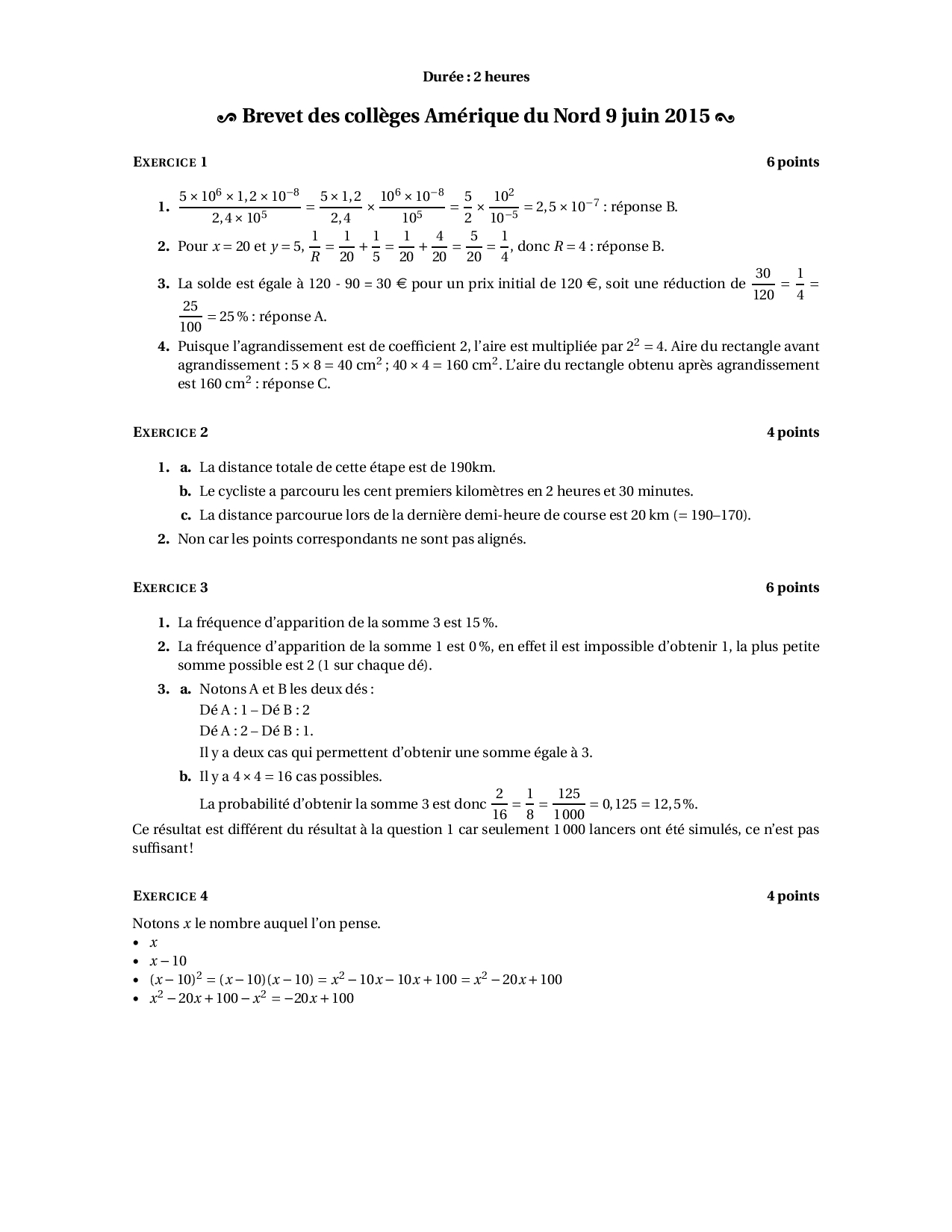 Brevet Maths Amérique du Nord juin 2015 Corrigé AlloSchool