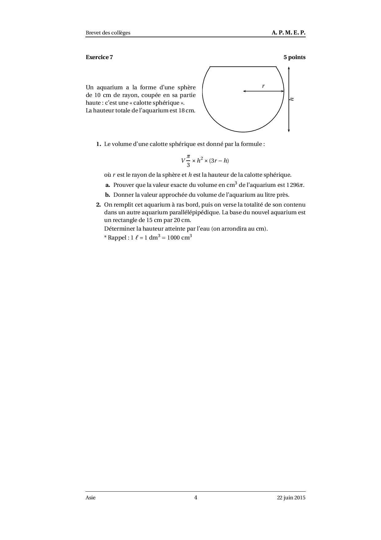 Brevet Maths Asie juin 2015 Sujet AlloSchool