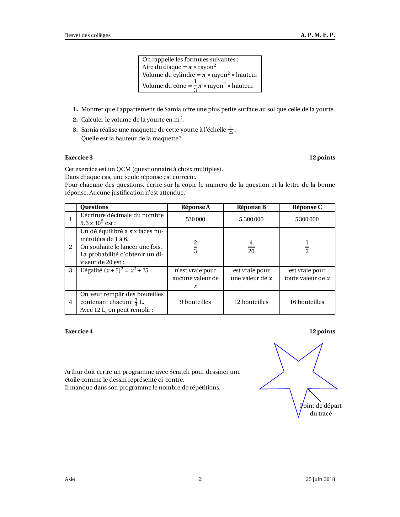 Brevet Maths Asie juin 2018 Sujet AlloSchool