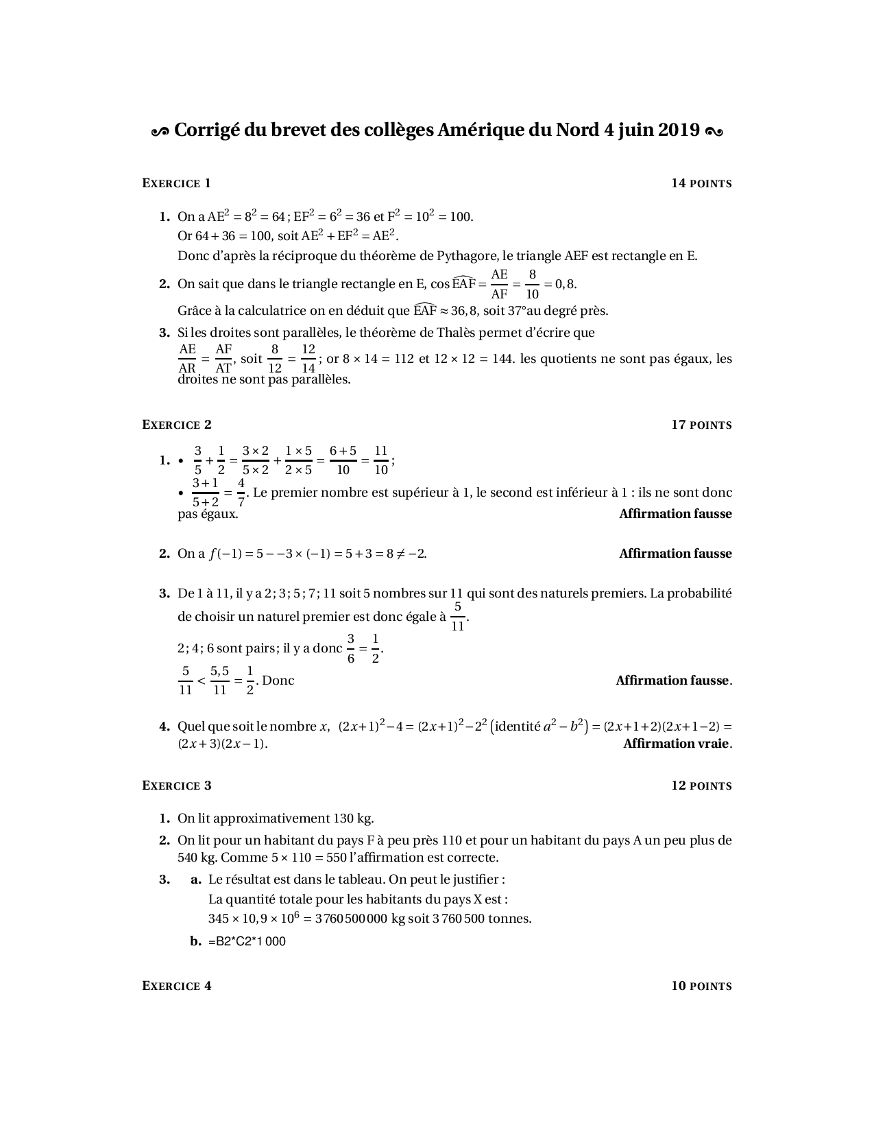 Brevet Maths Amérique du Nord juin 2019 Corrigé AlloSchool