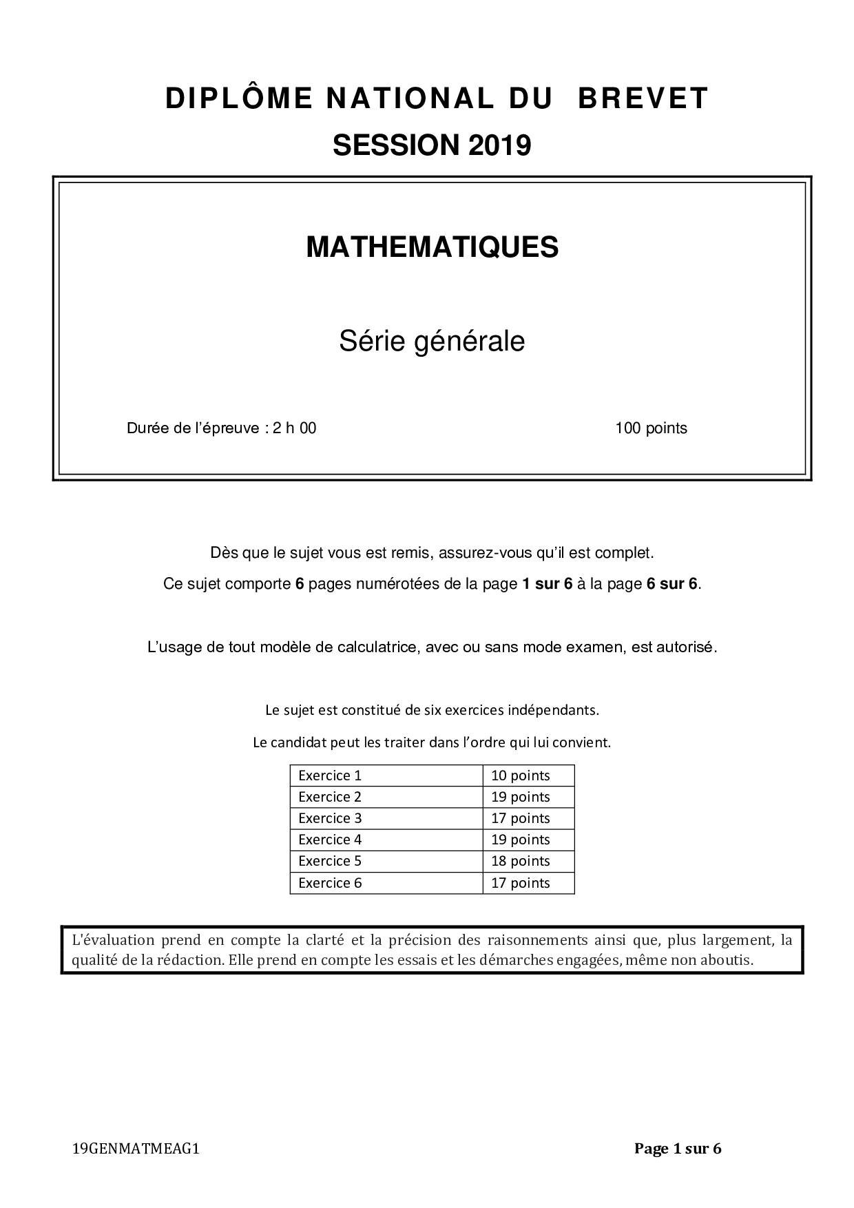 Brevet Maths Métropole La Réunion juillet 2019 Sujet AlloSchool