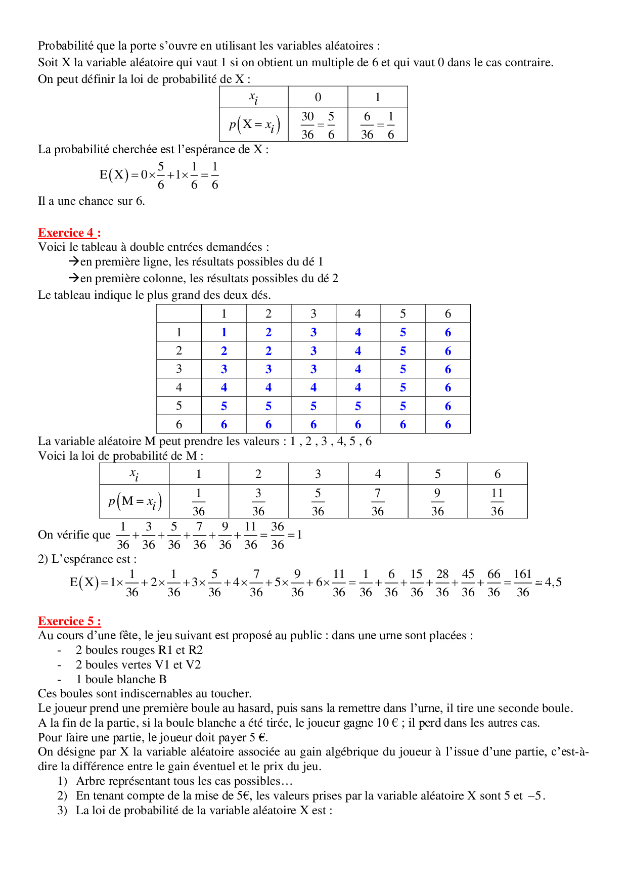 Variables Aléatoires (synthèse) - Corrigés D'exercices - AlloSchool