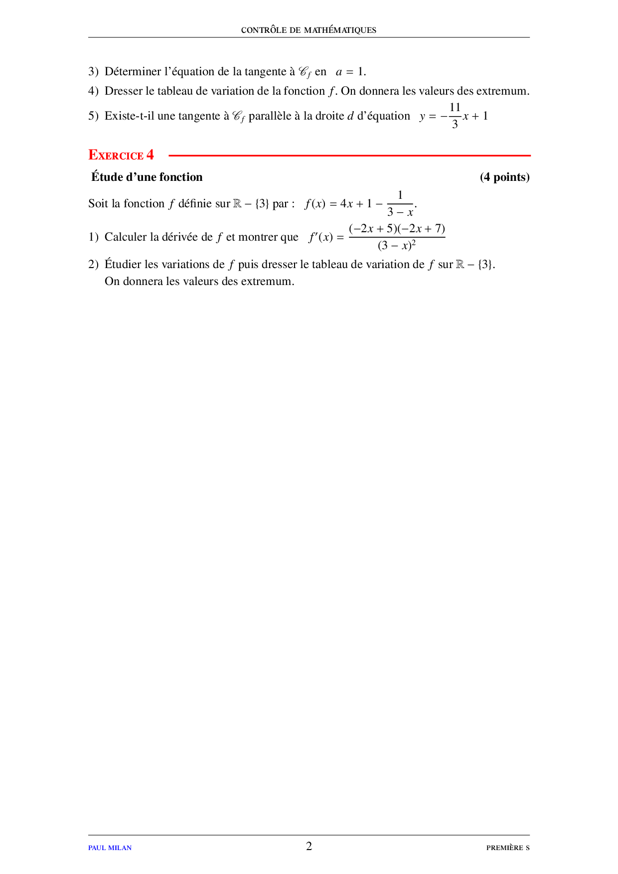 Devoir 9 La Dérivation Alloschool 2570