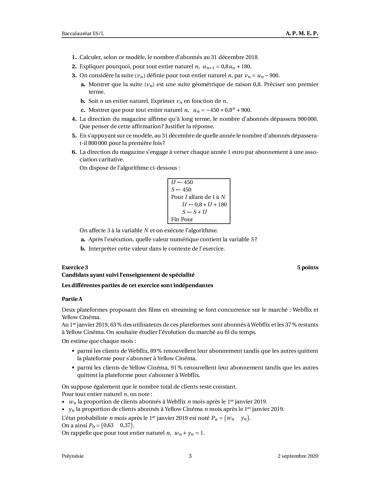 Annale Maths Bac ES-L Polynésie Septembre 2020 - Sujet - AlloSchool