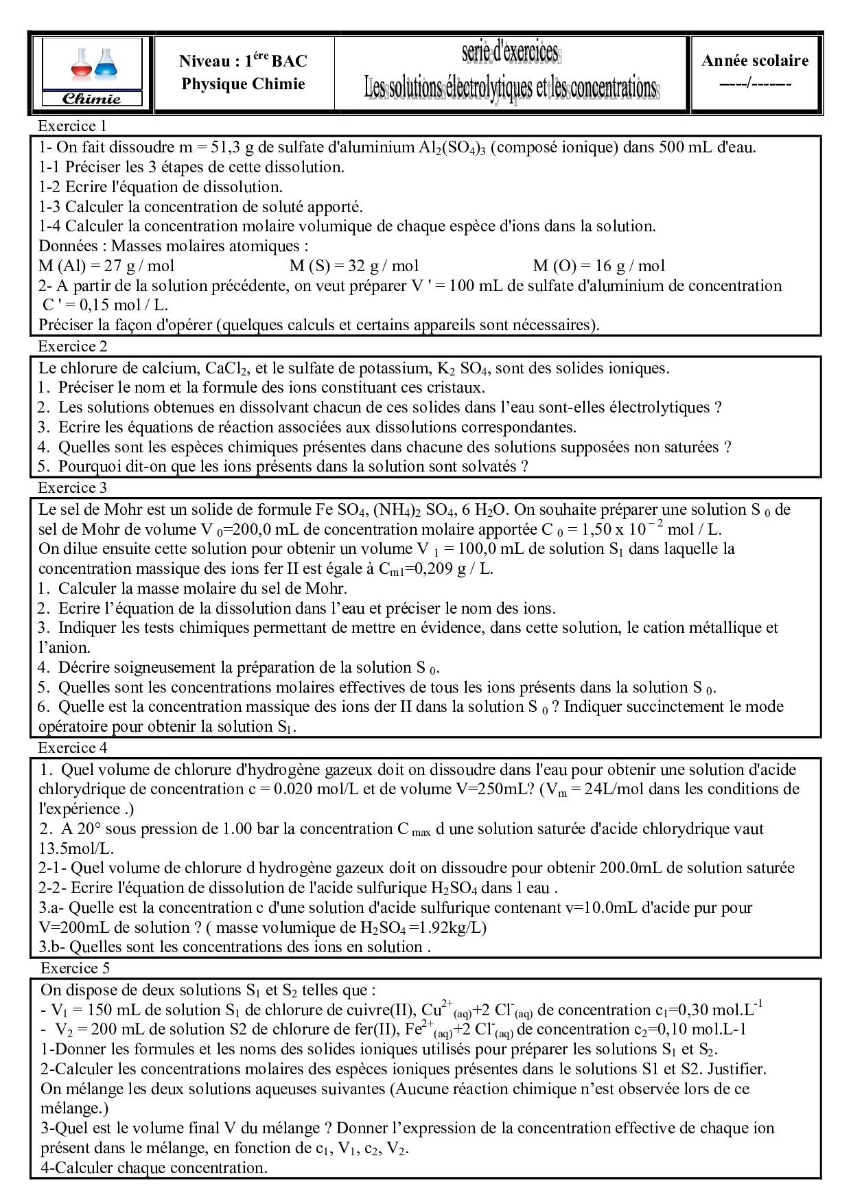 La Concentration Et Les Solutions électrolytiques - Exercices Non ...