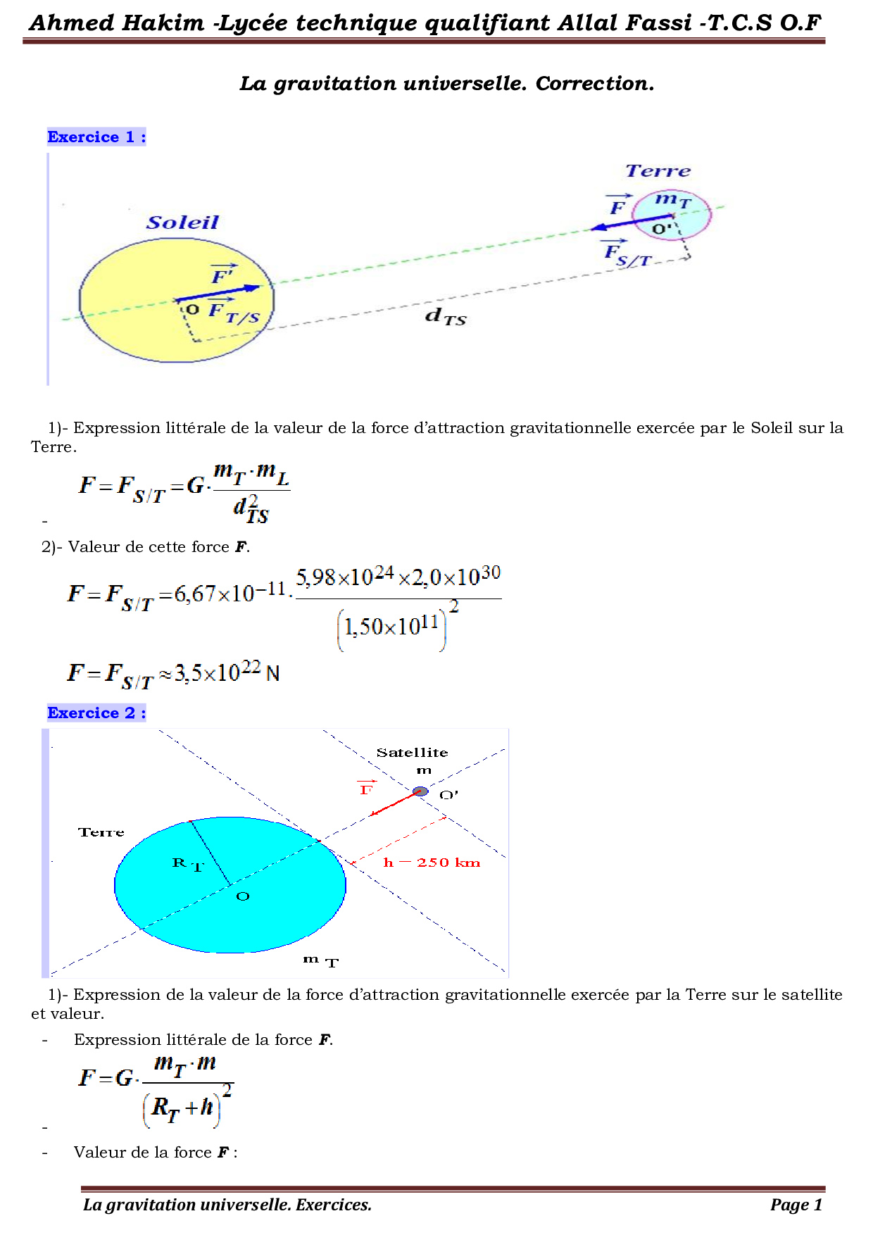 La Gravitation Universelle Corrigé Série Dexercices 2 Alloschool 8176