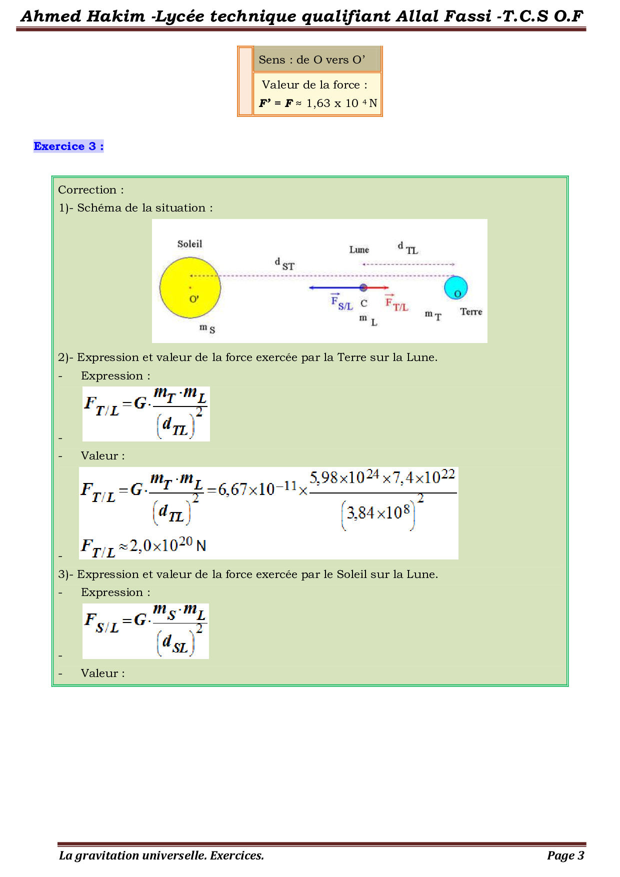 La Gravitation Universelle Corrigé Série Dexercices 2 Alloschool 7282