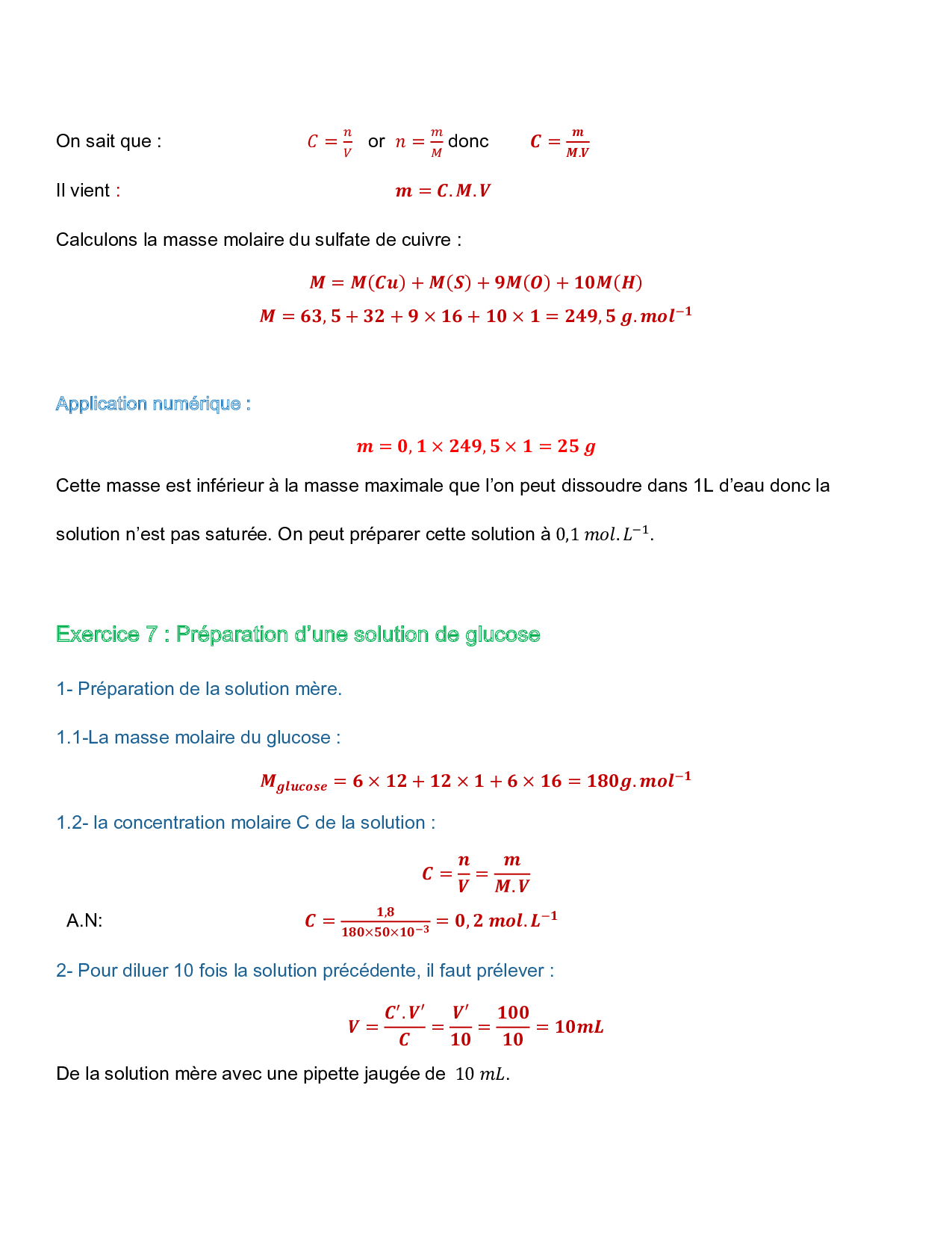 La Concentration Molaire - Corrigé Série D'exercices 1 - AlloSchool