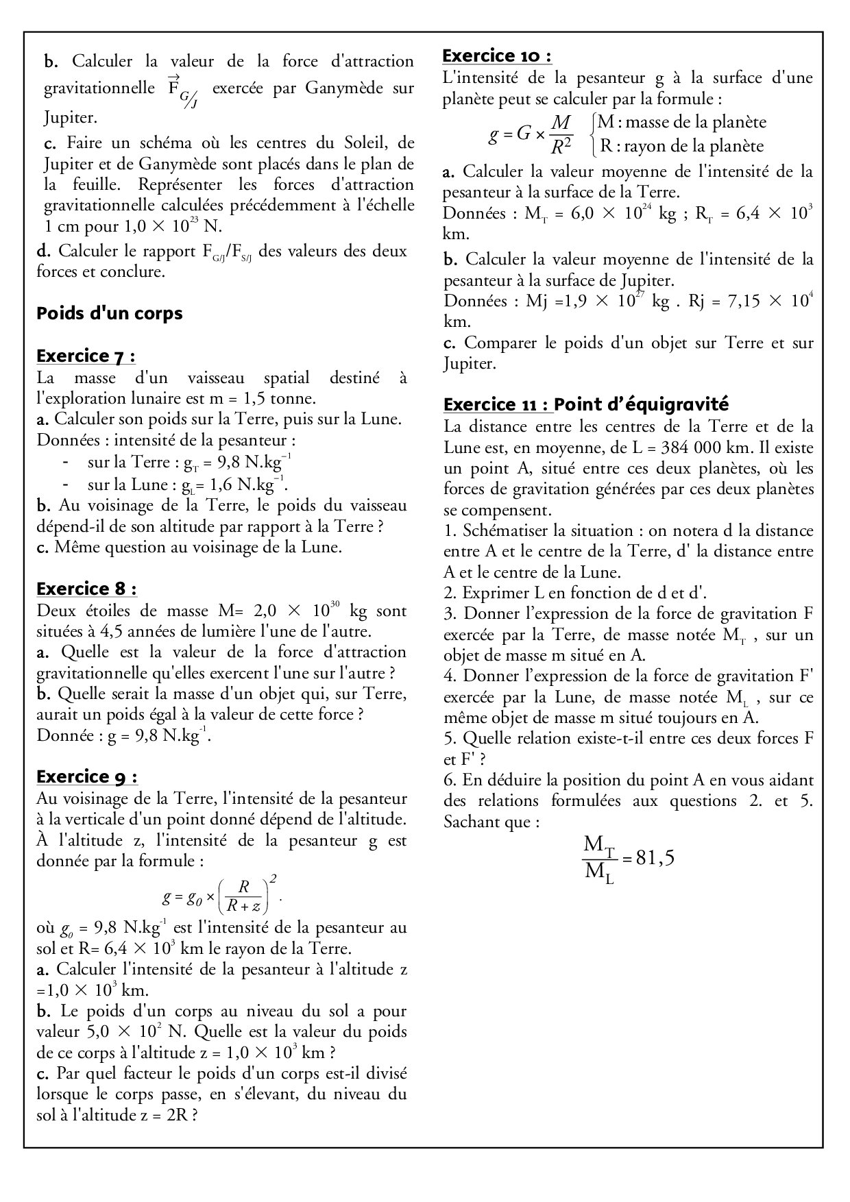 La Gravitation Universelle Exercices Non Corrigés 5 Alloschool 8423