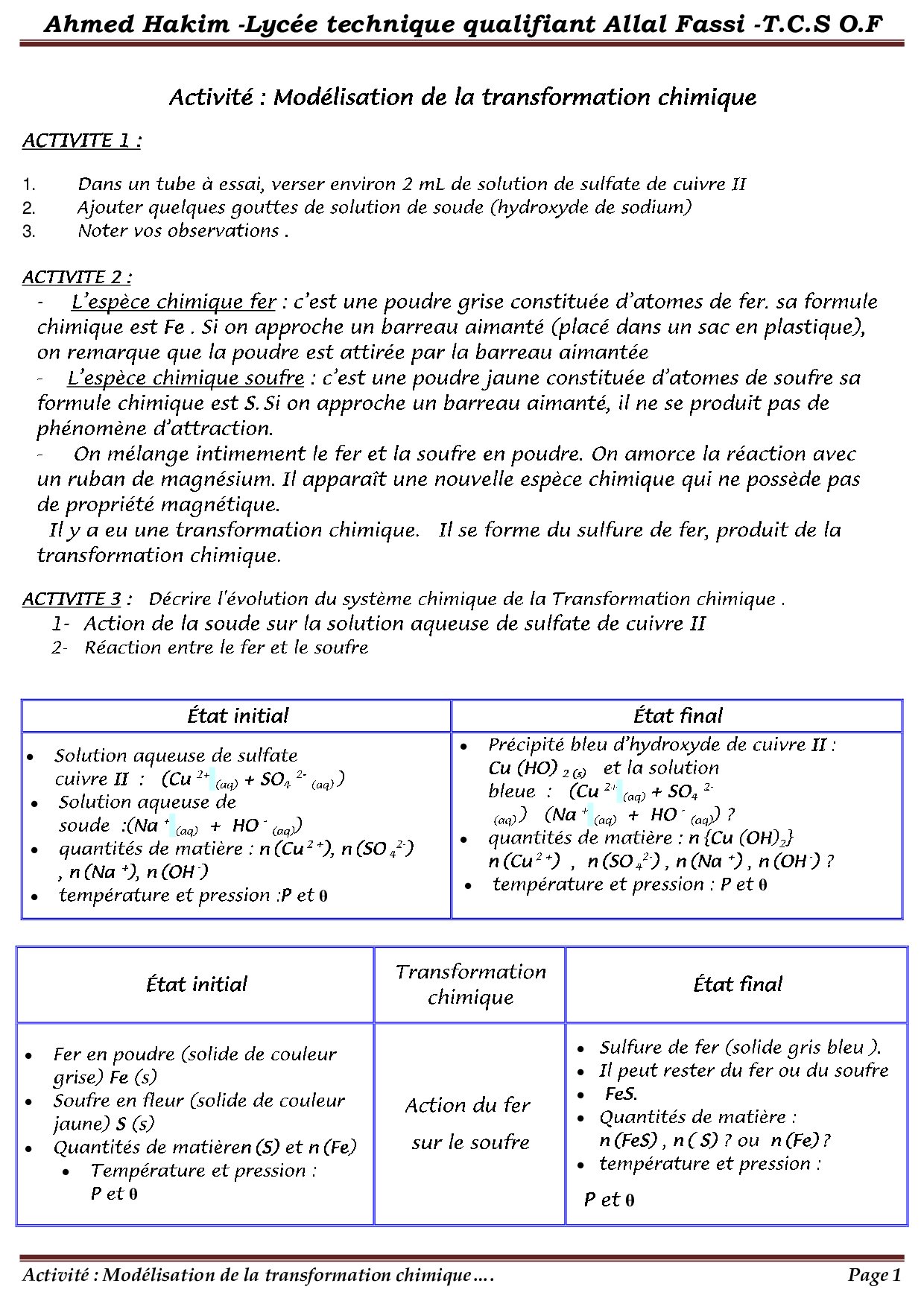 Modélisation Des Transformations Chimiques - Activités - AlloSchool