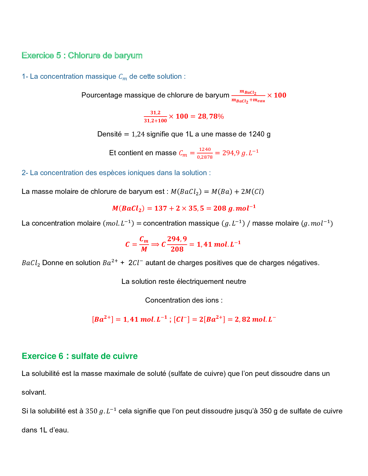 La Concentration Molaire Corrigé Série Dexercices 1 Alloschool 7142