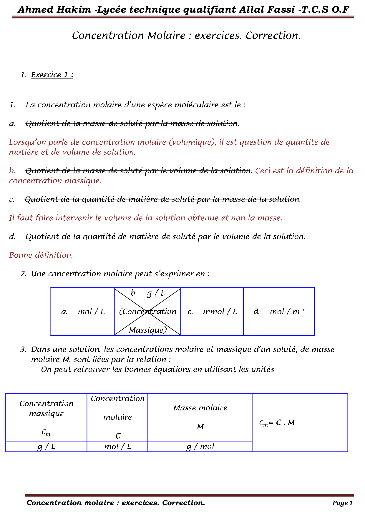 La Concentration Molaire - Corrigé Série D'exercices 2 - AlloSchool