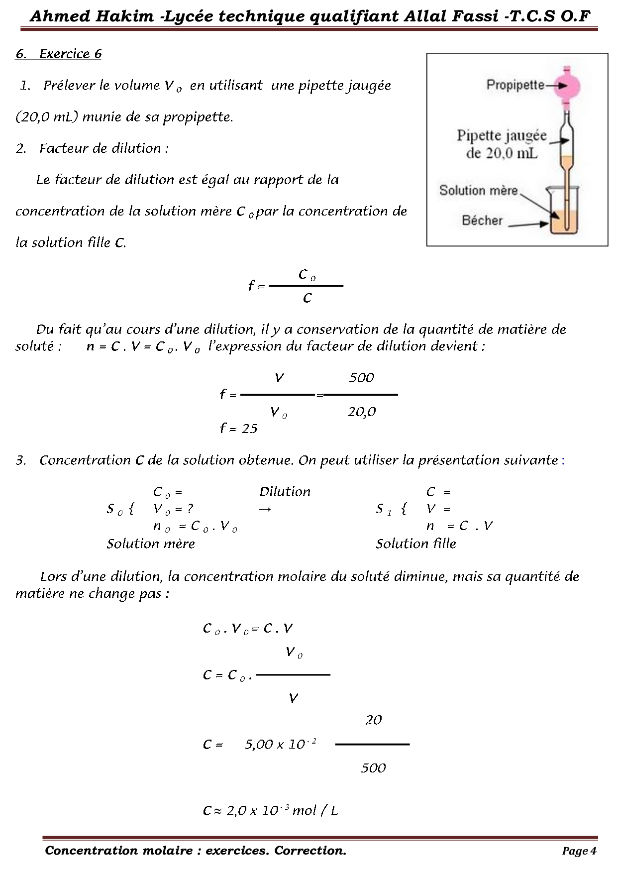 La Concentration Molaire - Corrigé Série D'exercices 2 - AlloSchool