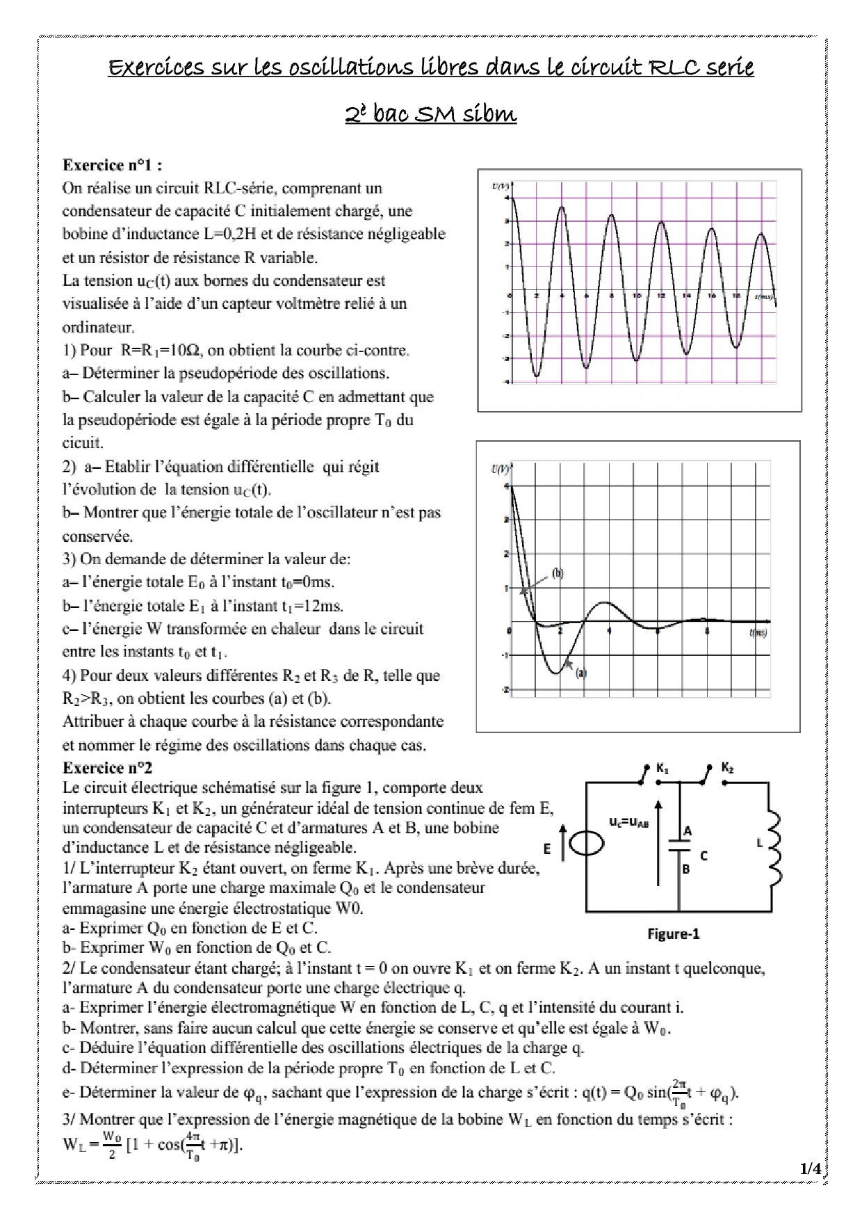 Oscillations Libres D'un Circuit RLC Série - Exercices Non Corrigés 4 ...