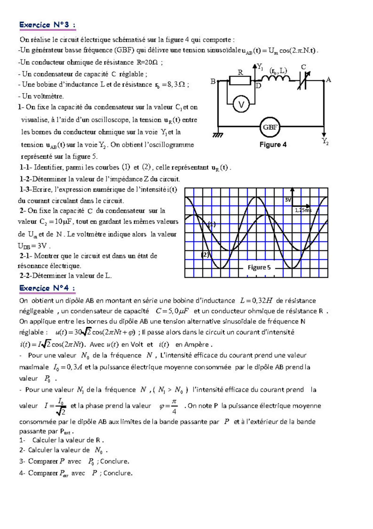 Circuit Rlc Série En Régime Sinusoïdal Forcé Exercices Non Corrigés 3 Alloschool