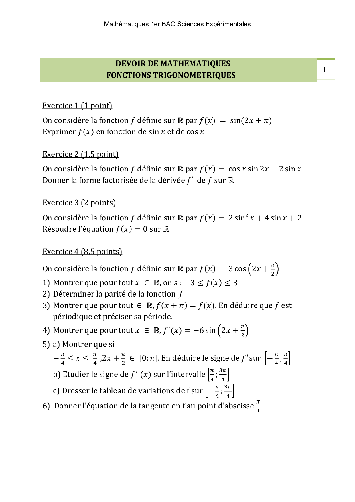 Devoir 3 Modèle 1 - Mathématiques 1er BAC Sciences Exp Semestre 1 ...