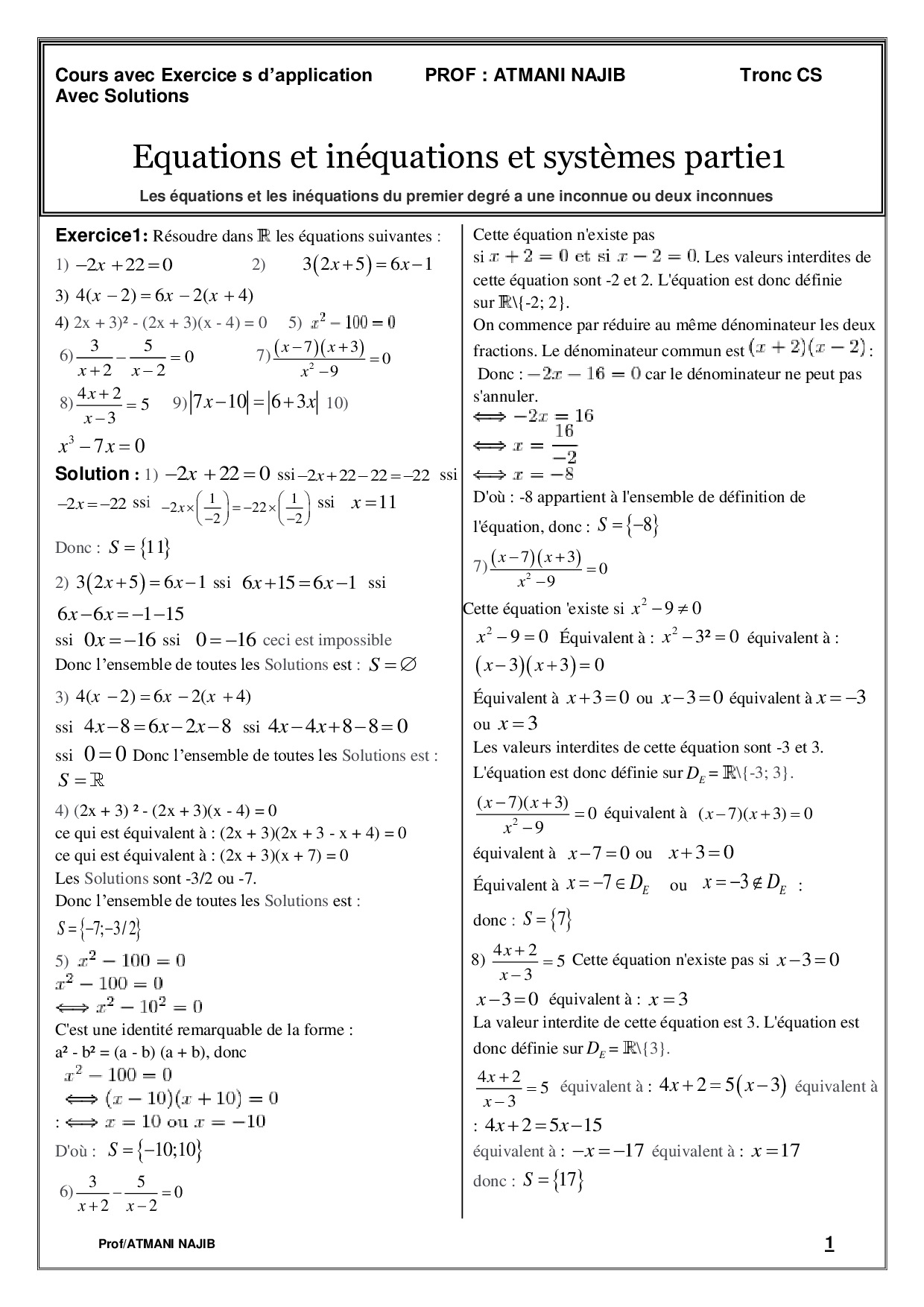 Équations Et Inéquations Du 1er Degré - Exercices Corrigés 1 - AlloSchool