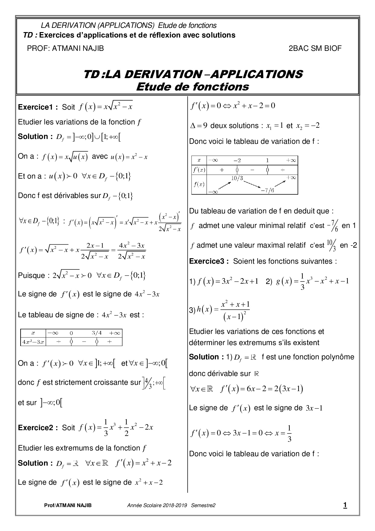 Dérivation Et étude Des Fonctions - Corrigé Série D'exercices 1 ...