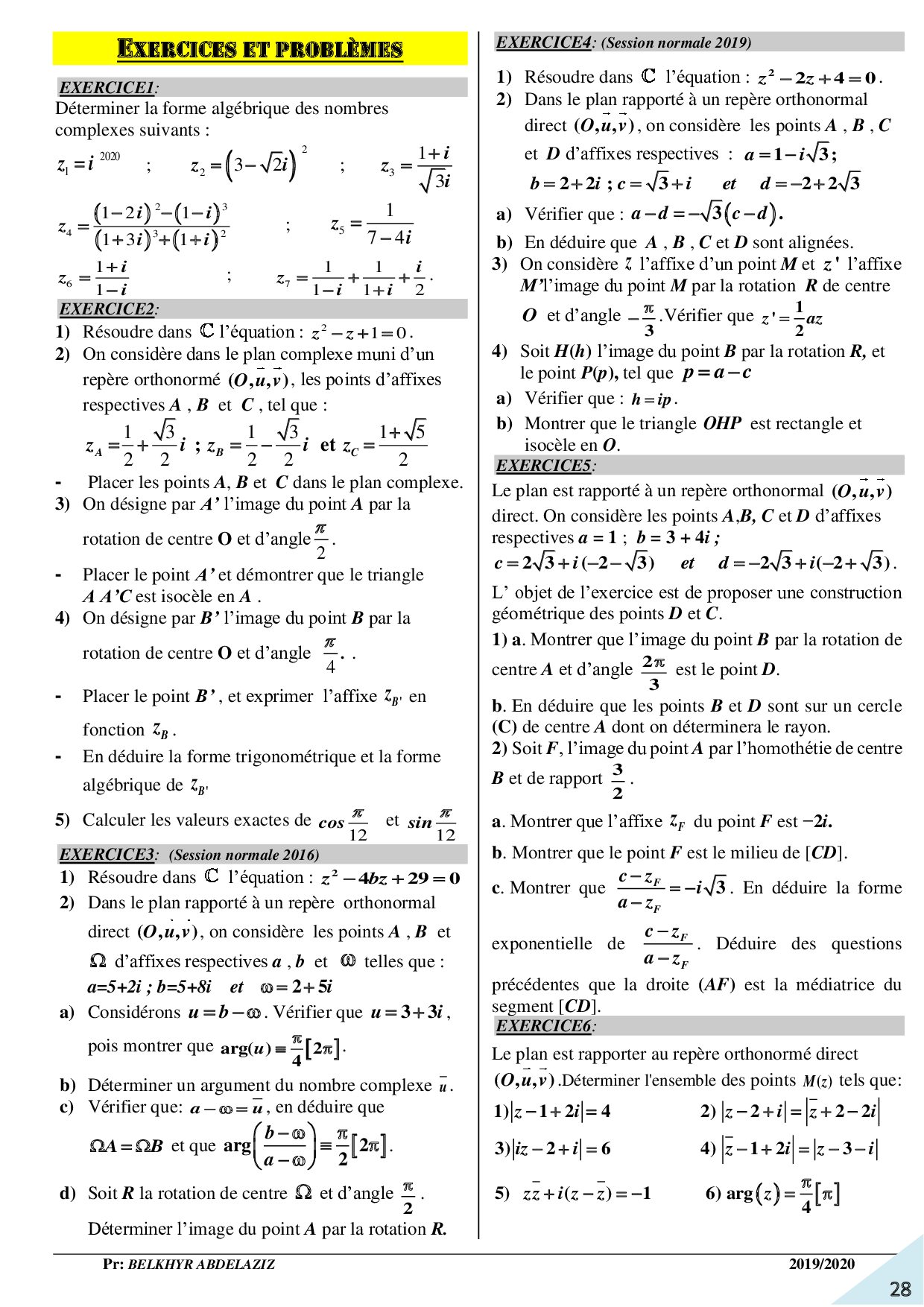 Nombres Complexes 2 - Exercices Non Corrigés 1 - AlloSchool