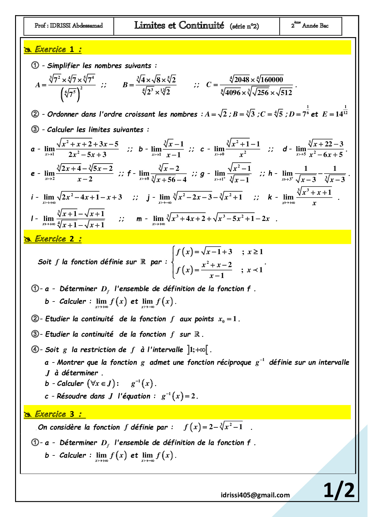 Limites Et Continuité - Exercices Non Corrigés 2 - AlloSchool