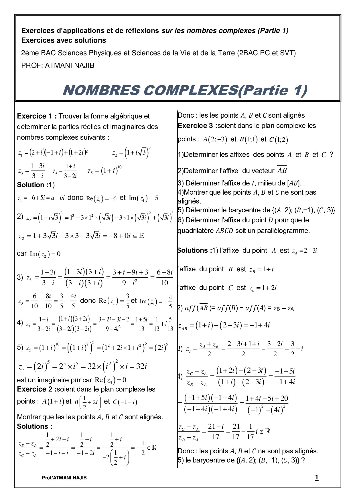 Nombres Complexes 1 - Corrigé Série D'exercices 1 - AlloSchool