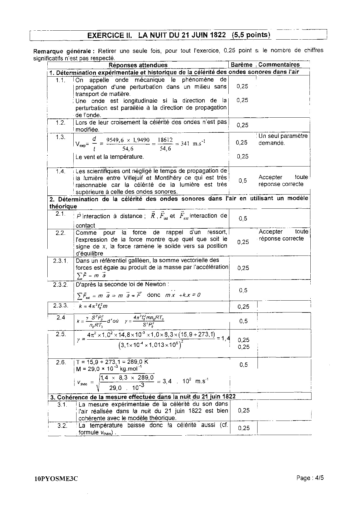 Bac S Physique Chimie Métropole 2010 (Session de remplacement