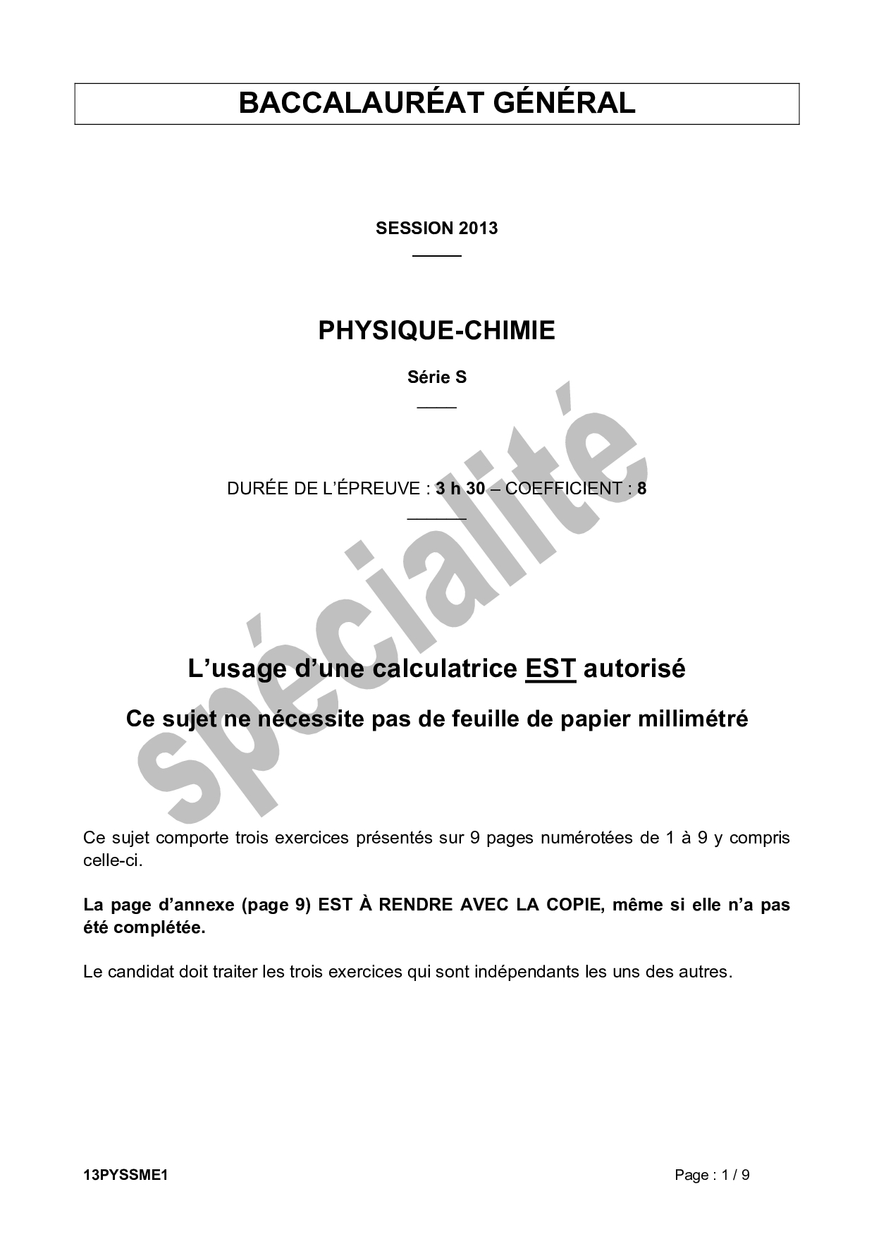 Bac S Metropole 2013 Physique Chimie