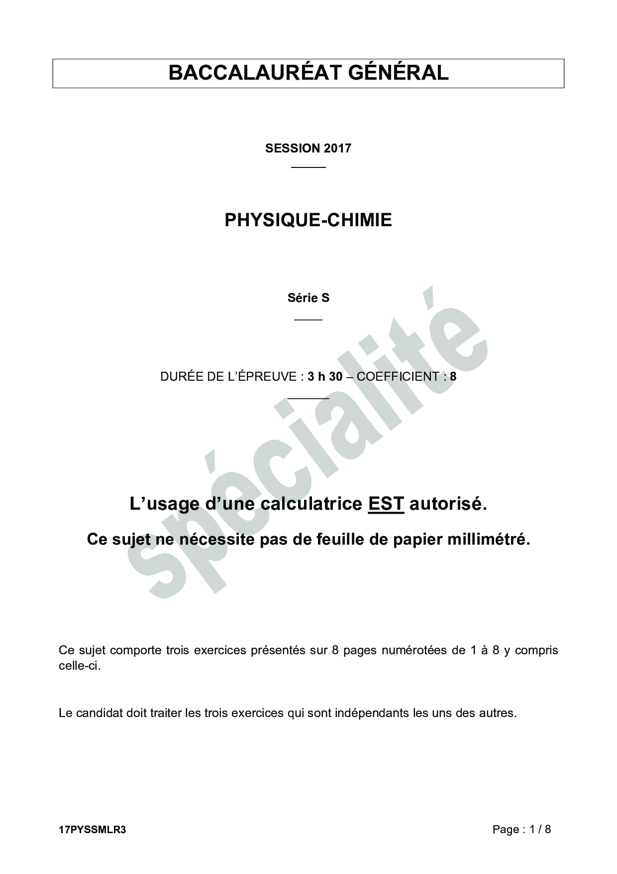 Bac S Physique Chimie (Spécialité) Métropole (Session De Remplacement ...