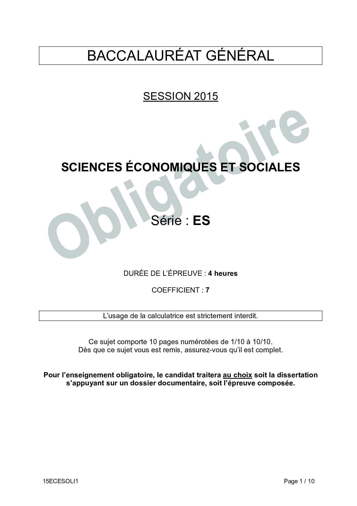 Bac ES Sciences Economiques Et Sociales (SES) Liban 2015 - Sujet ...