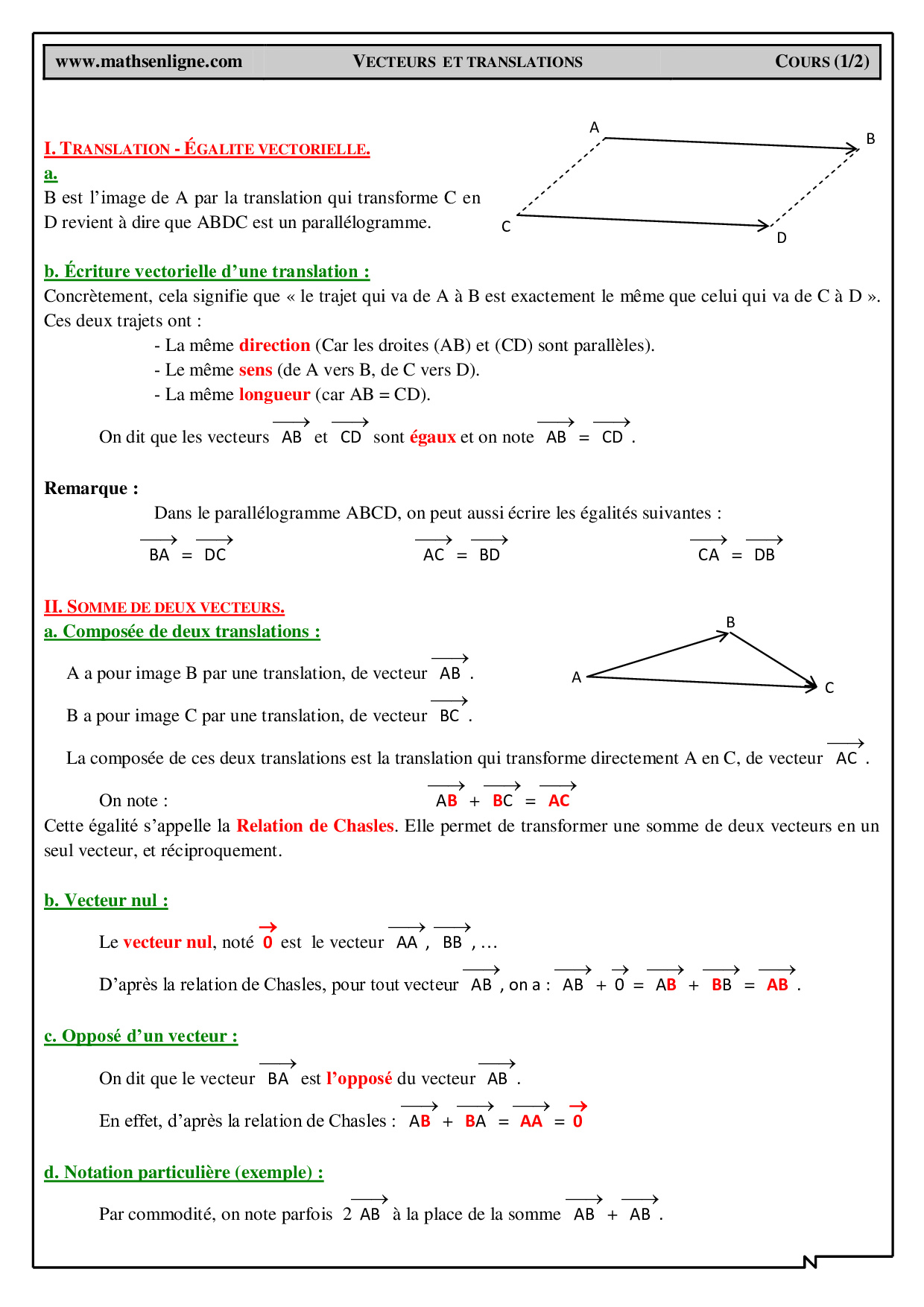 Vecteurs Et Translation - Cours 2 (FR) - AlloSchool