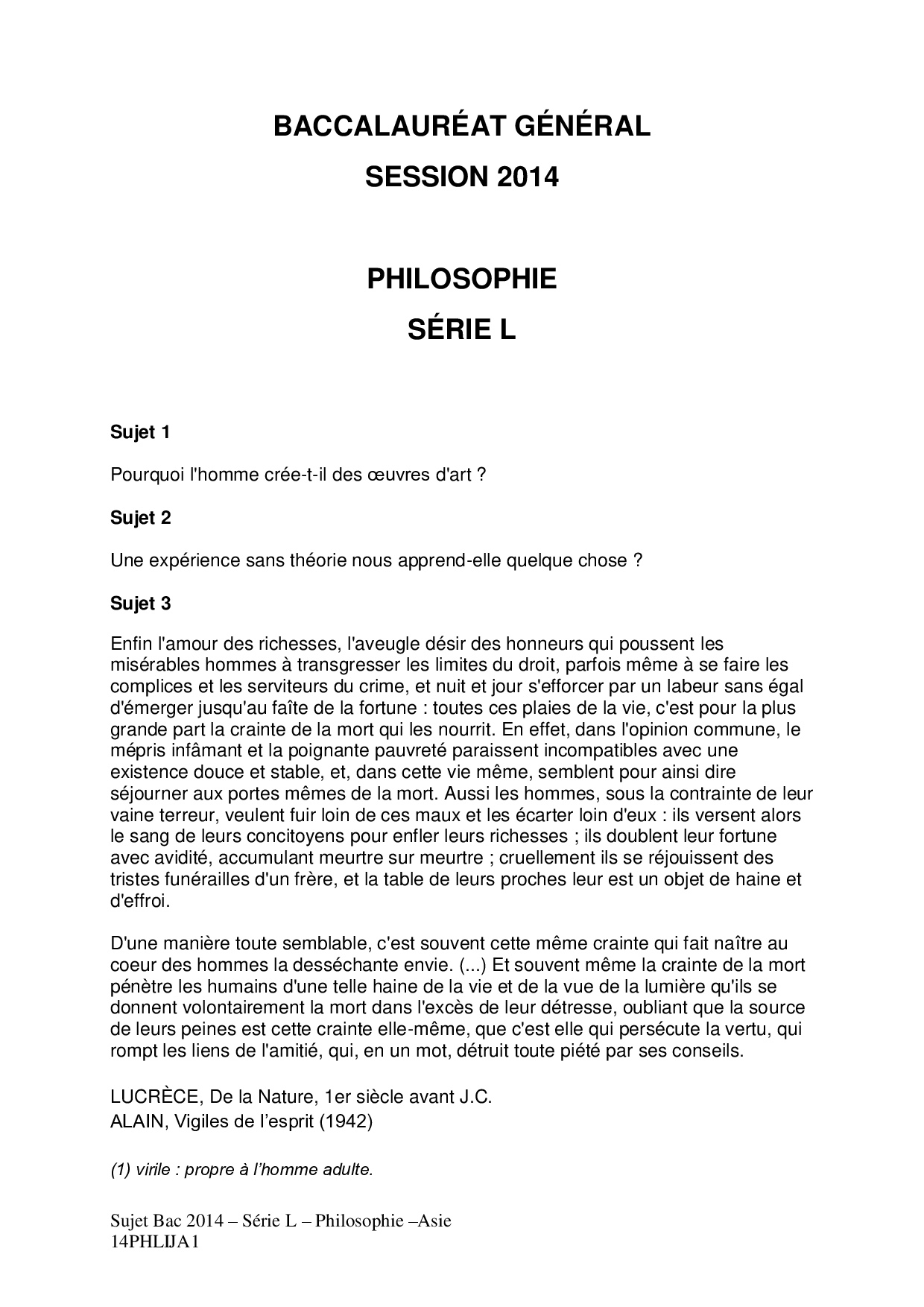 Bac L Philosophie Asie 2014 - Sujet - AlloSchool