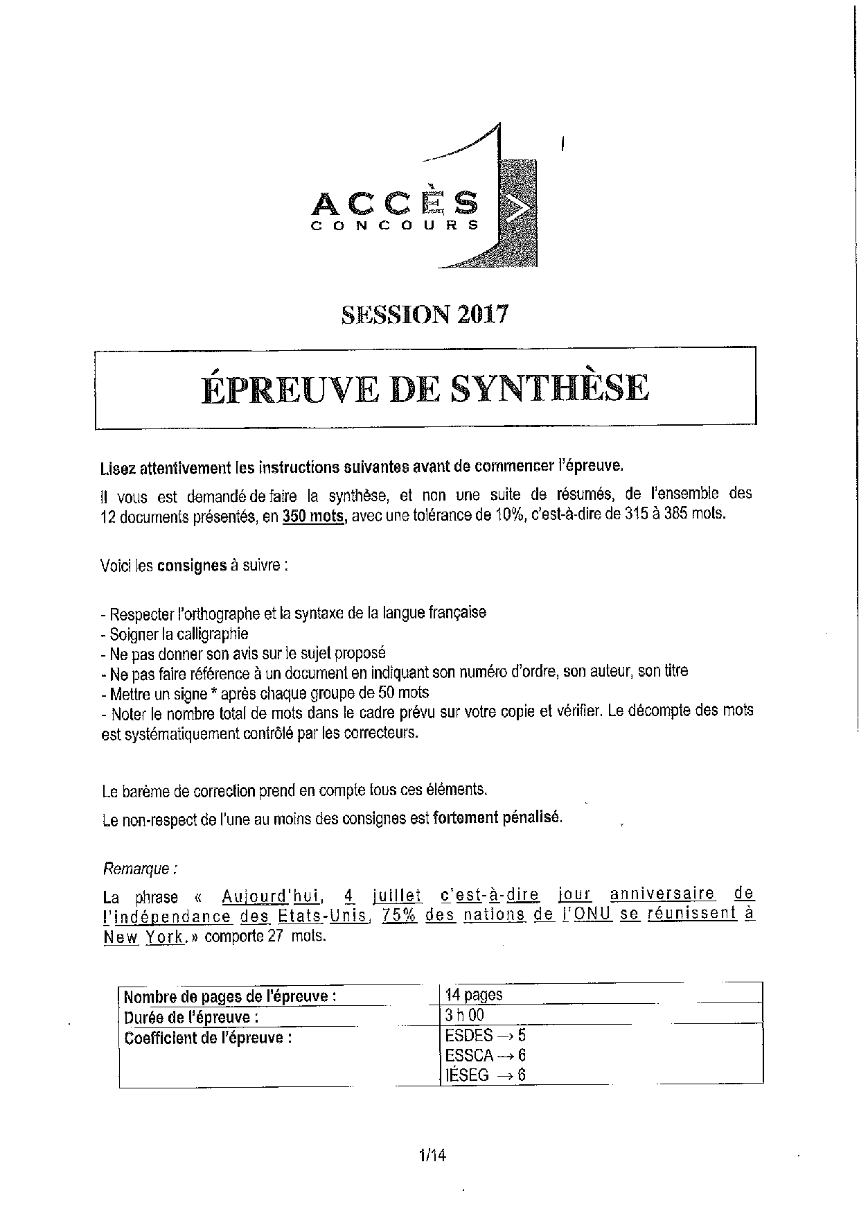 Concours ACCÈS 2017  Synthèse (Sujet)  AlloSchool