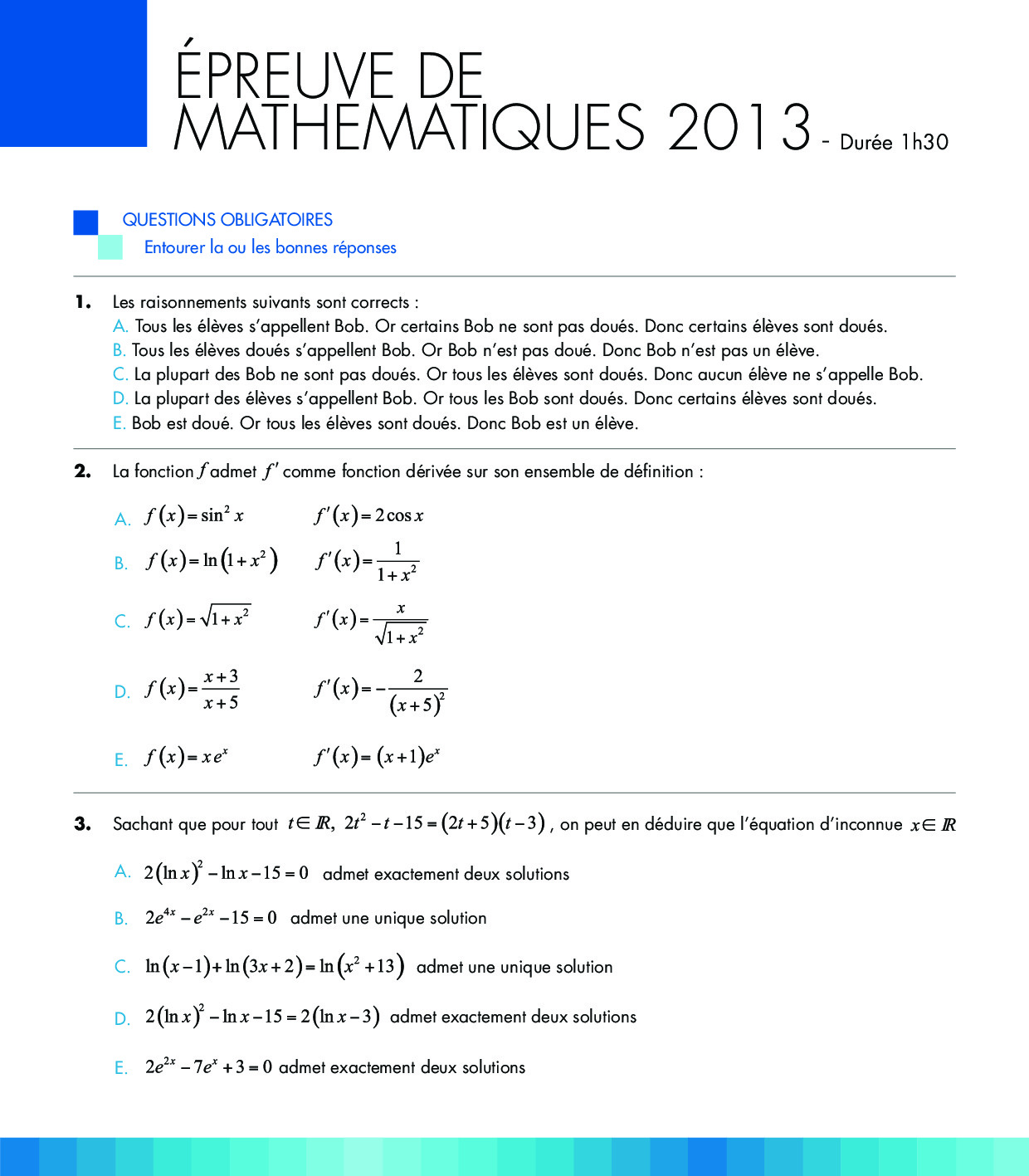 Concours ADVANCE 2013 - Mathématiques (Sujet) - AlloSchool