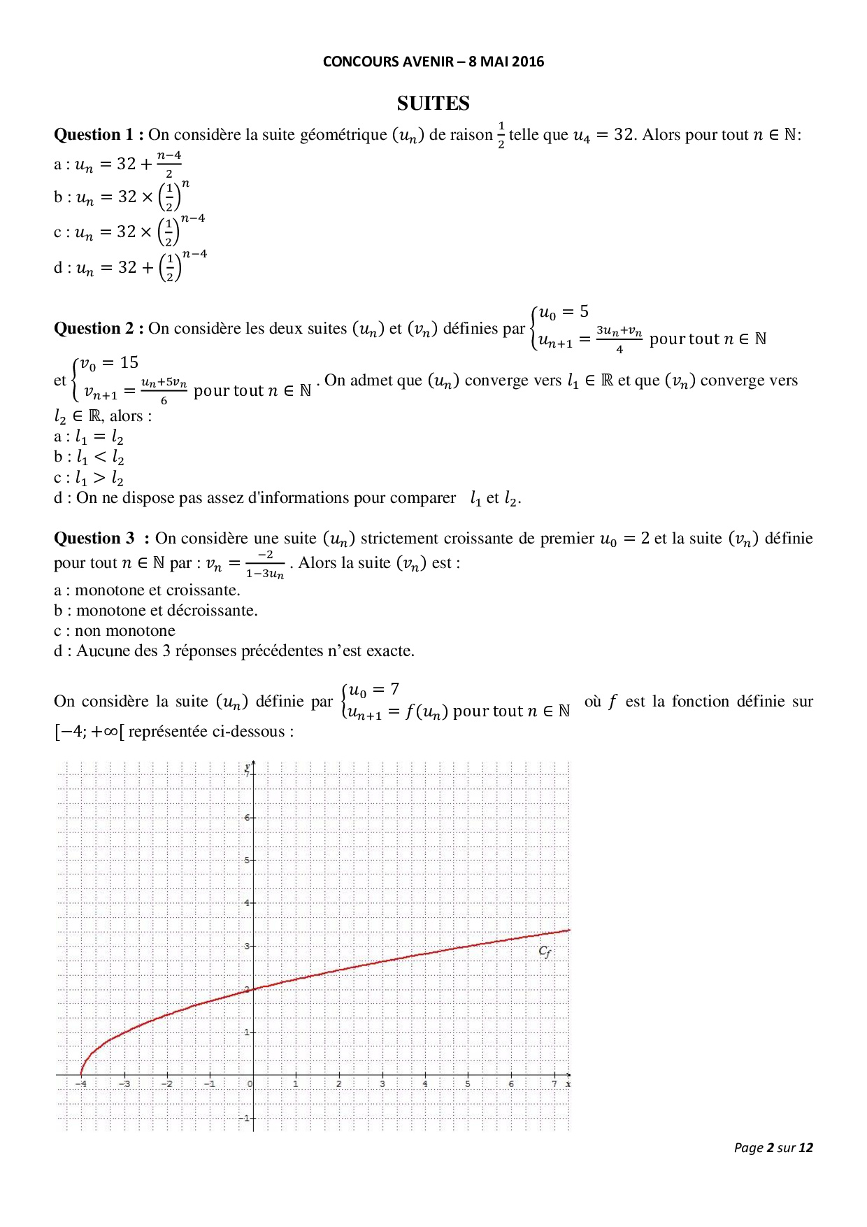 Concours AVENIR 2016 - Mathématiques (Sujet) - AlloSchool