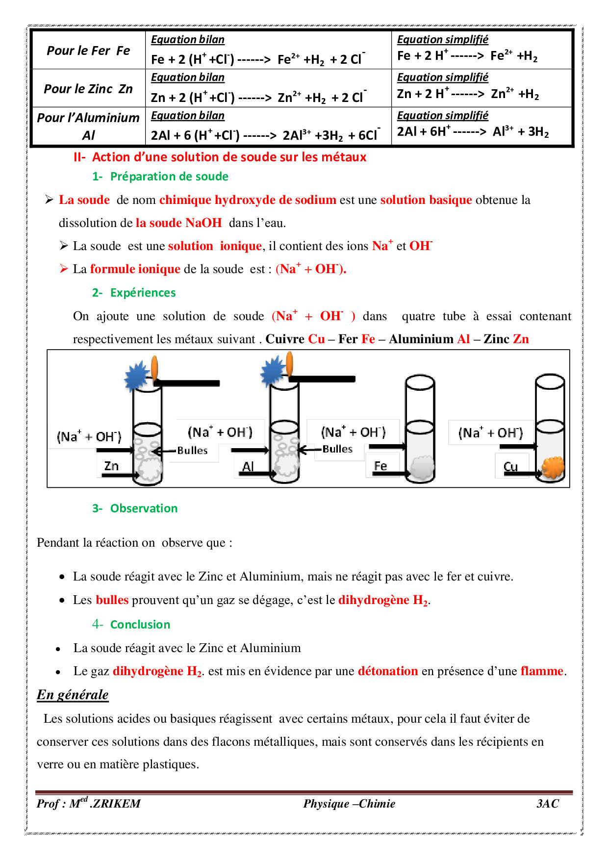 Solution Acide Et Basique 3ème Exercice Corrigé Réactions de quelques métaux avec les solutions acides et basiques