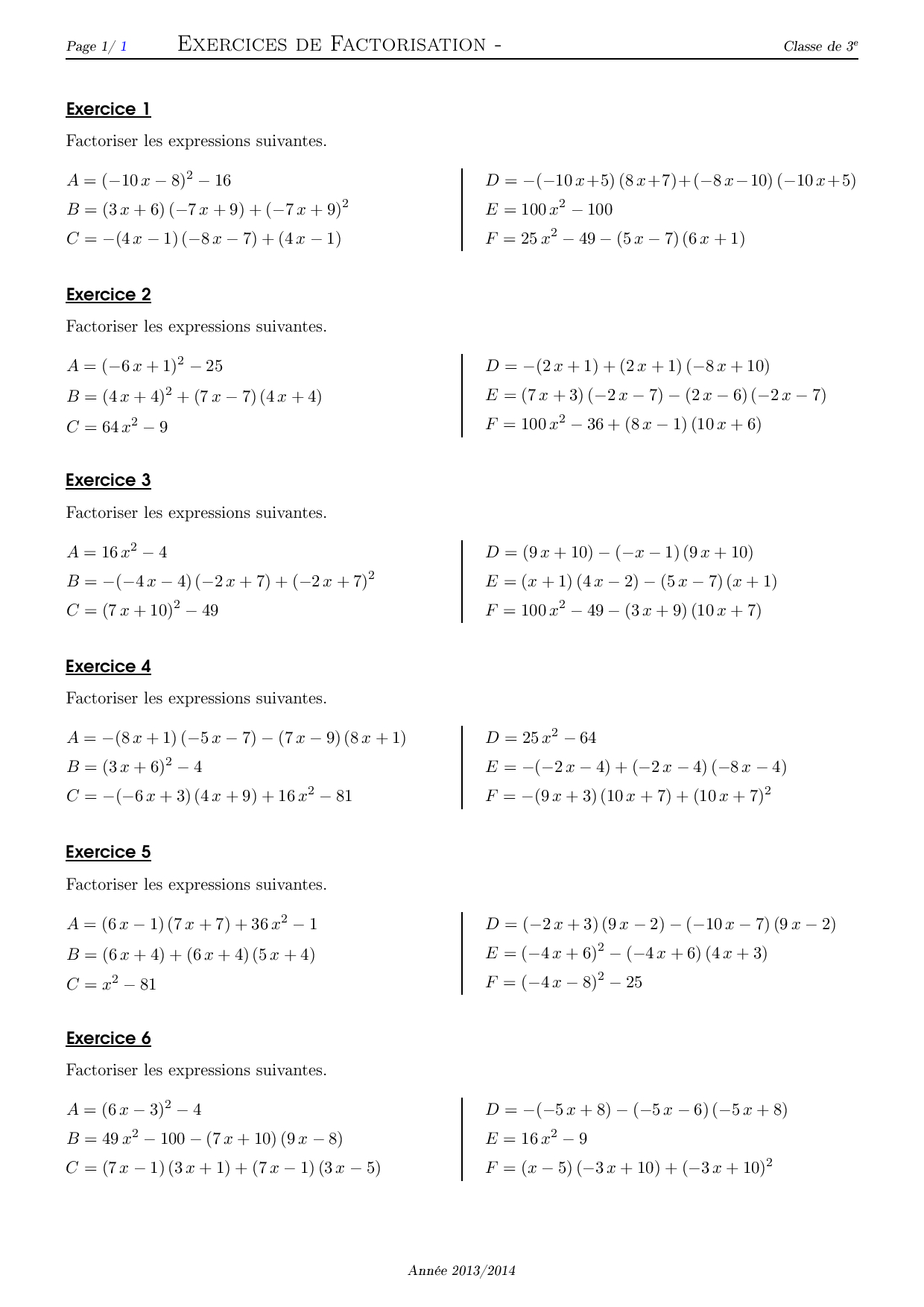 Factorisation - Série D'exercices 2 - AlloSchool